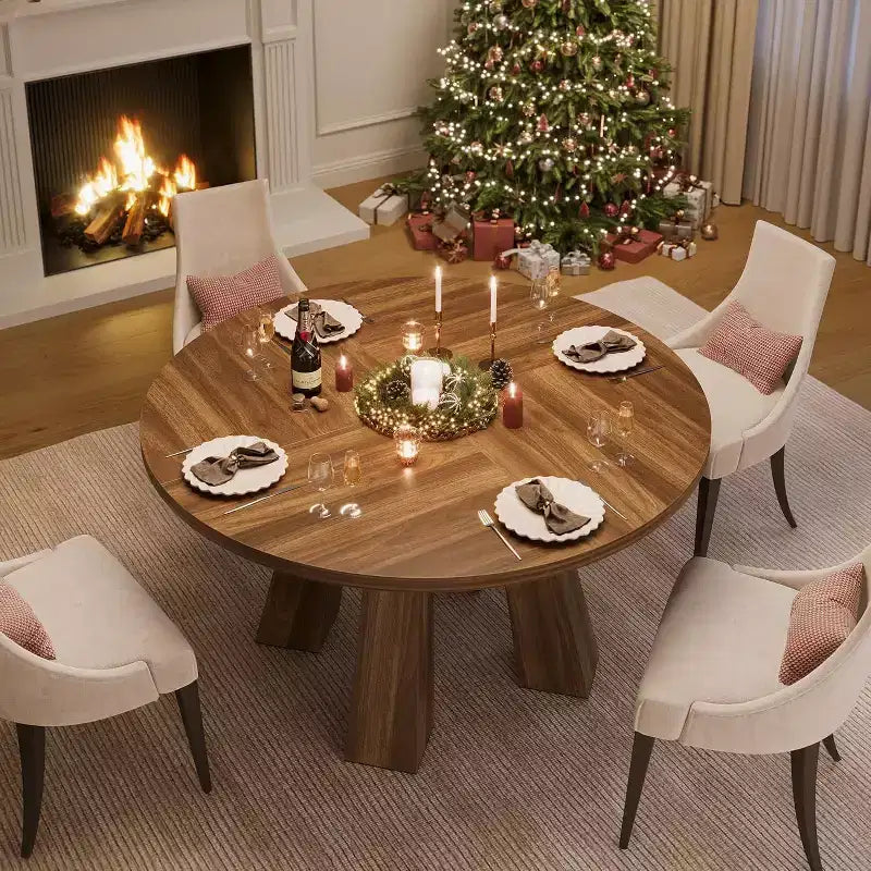 Round Dining Table for 4, Farmhouse Kitchen Table with Sturdy Base for Dining Room or Kitchen (Table Only)