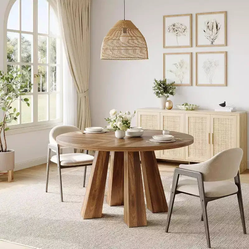 Round Dining Table for 4, Farmhouse Kitchen Table with Sturdy Base for Dining Room or Kitchen (Table Only)