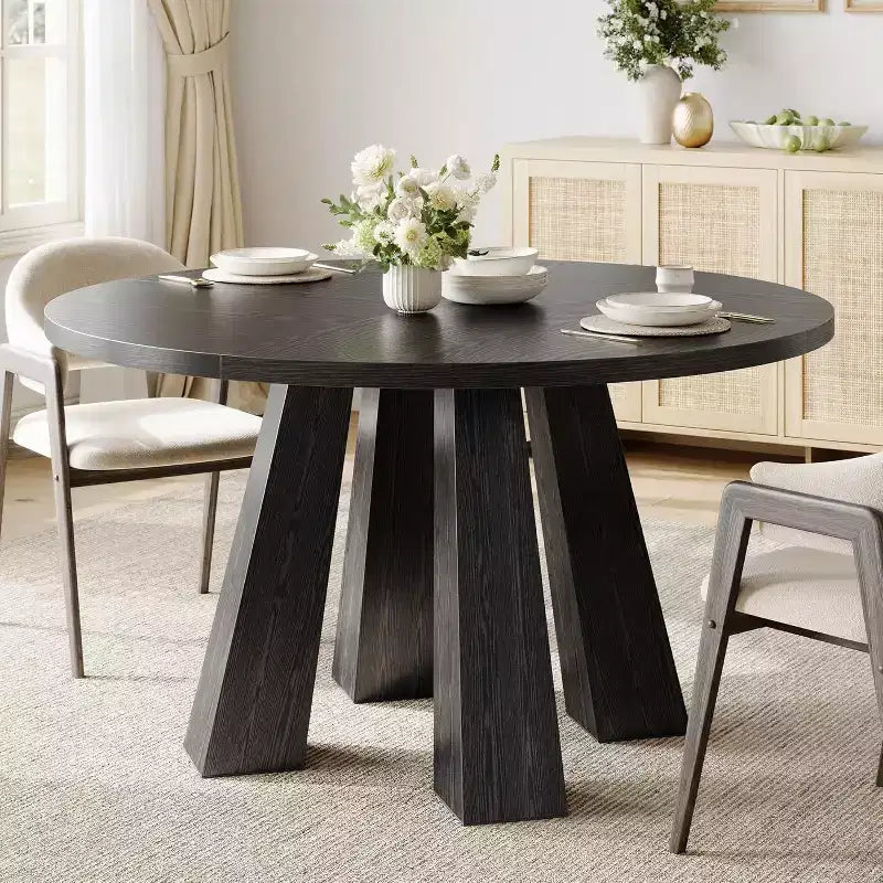 Round Dining Table for 4, Farmhouse Kitchen Table with Sturdy Base for Dining Room or Kitchen (Table Only)