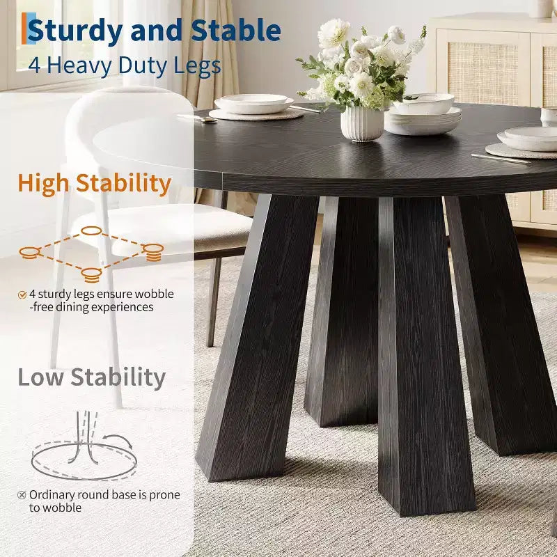 Round Dining Table for 4, Farmhouse Kitchen Table with Sturdy Base for Dining Room or Kitchen (Table Only)