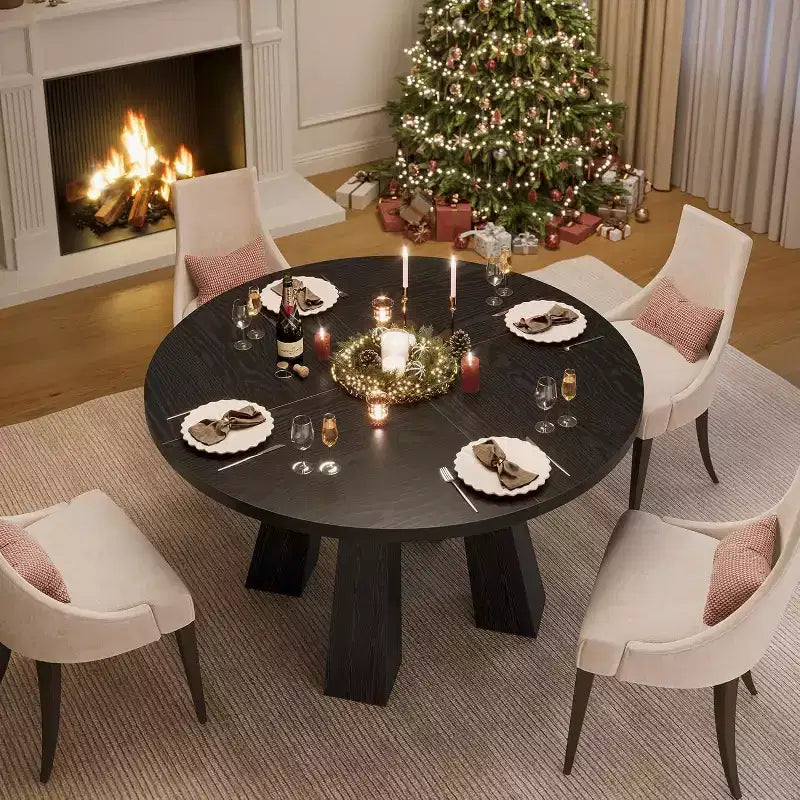 Round Dining Table for 4, Farmhouse Kitchen Table with Sturdy Base for Dining Room or Kitchen (Table Only)