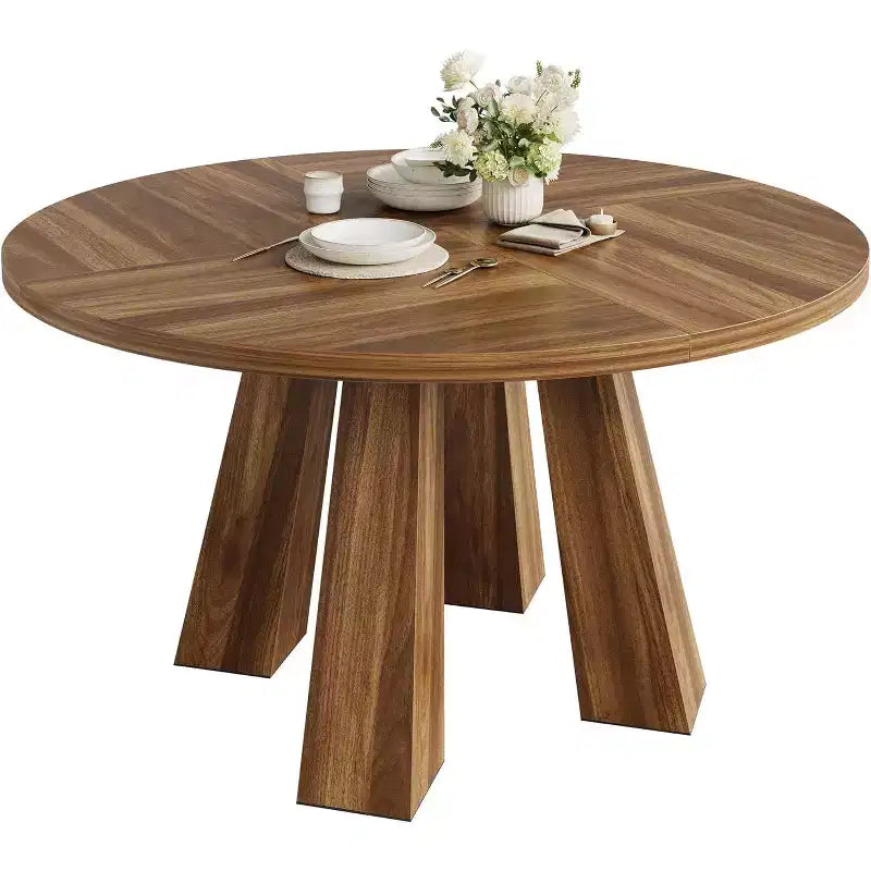 Round Dining Table for 4, Farmhouse Kitchen Table with Sturdy Base for Dining Room or Kitchen (Table Only)