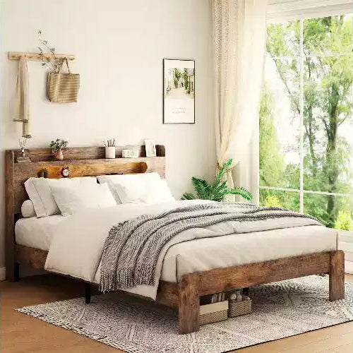 TUYOHW Full Size Bed Frame with Storage Headboard & Charging Station, LED Light Wood Platform Bed with Large Under Bed Storage, Noise-Free Bed Frame