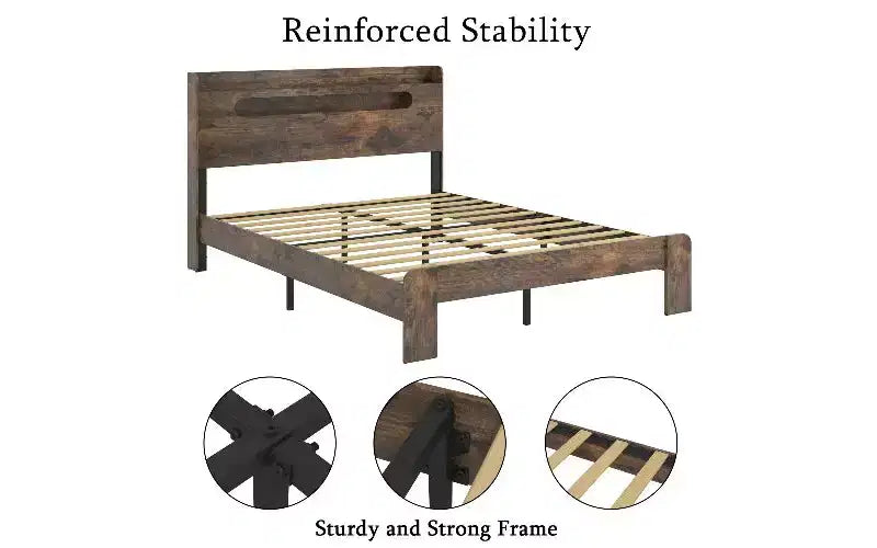 Full Size Bed Frame with Storage Headboard & Charging Station, LED Light Wood Platform Bed with Large Under Bed Storage, Noise-Free Bed Frame