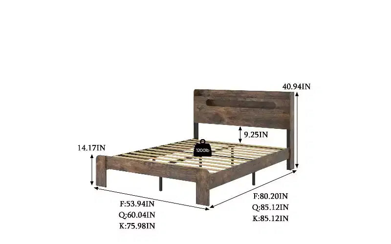 Full Size Bed Frame with Storage Headboard & Charging Station, LED Light Wood Platform Bed with Large Under Bed Storage, Noise-Free Bed Frame