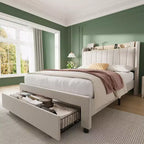 Bed Frame with Storage Headboard, Wooden Full Bed Frame with Charging Station, Metal Platform Bed Frame with Large Drawers, No Box Spring Needed
