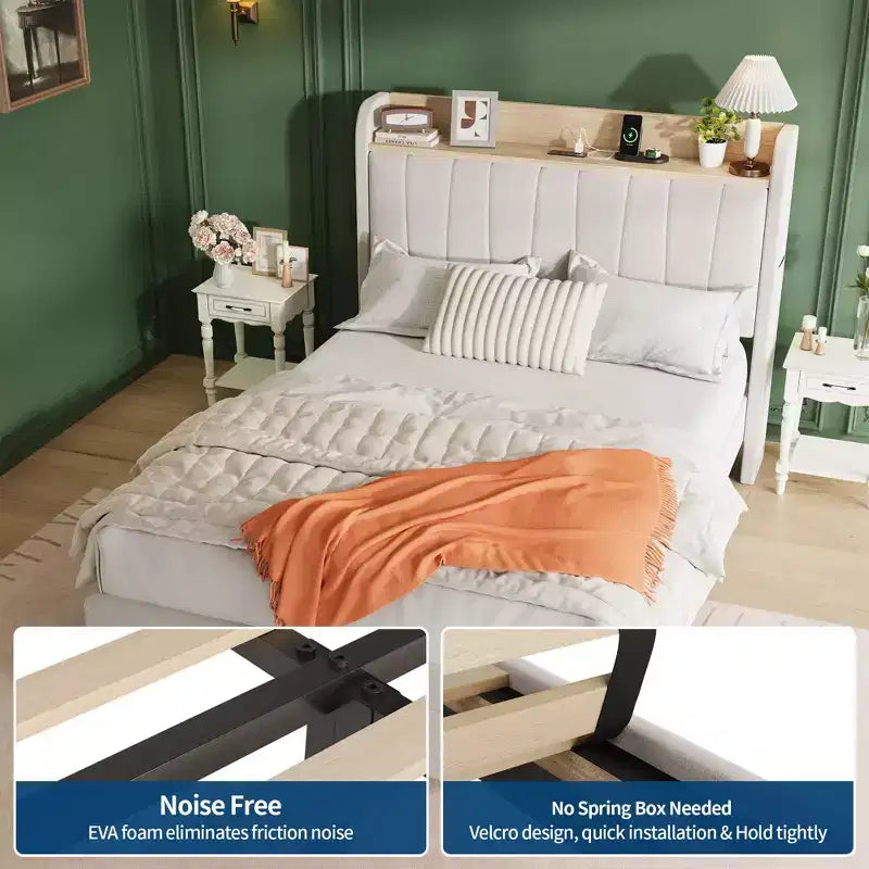Bed Frame with Storage Headboard, Wooden Full Bed Frame with Charging Station, Metal Platform Bed Frame with Large Drawers, No Box Spring Needed