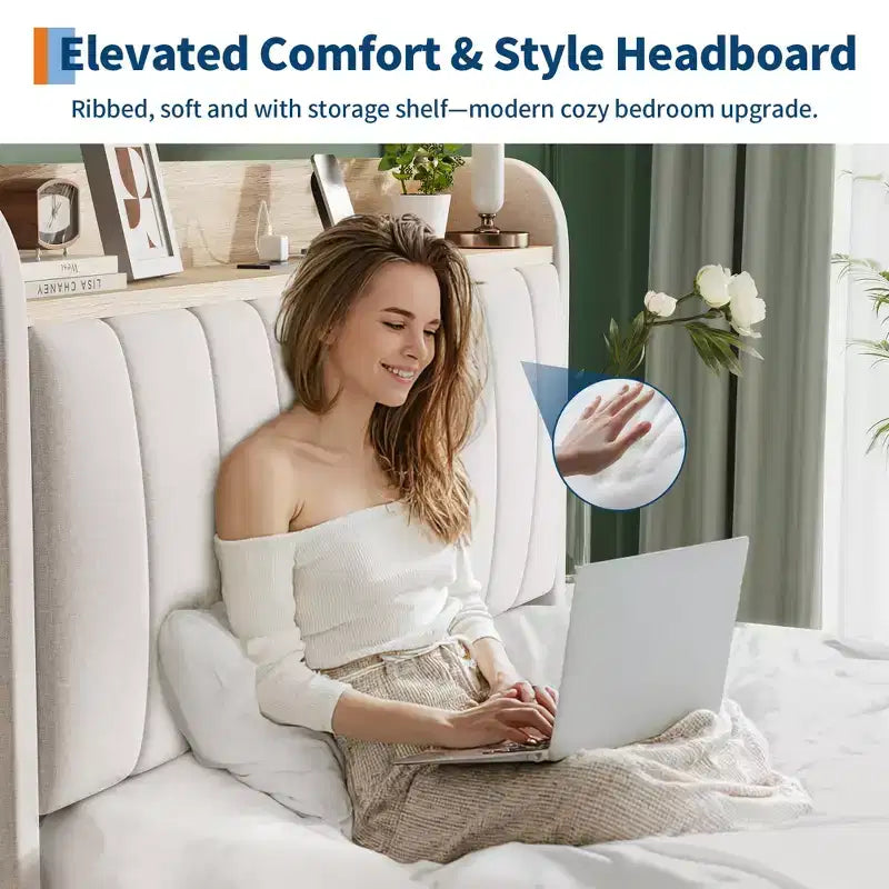 Bed Frame with Storage Headboard, Wooden Full Bed Frame with Charging Station, Metal Platform Bed Frame with Large Drawers, No Box Spring Needed