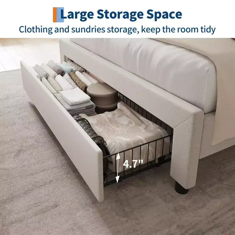 Bed Frame with Storage Headboard, Wooden Full Bed Frame with Charging Station, Metal Platform Bed Frame with Large Drawers, No Box Spring Needed