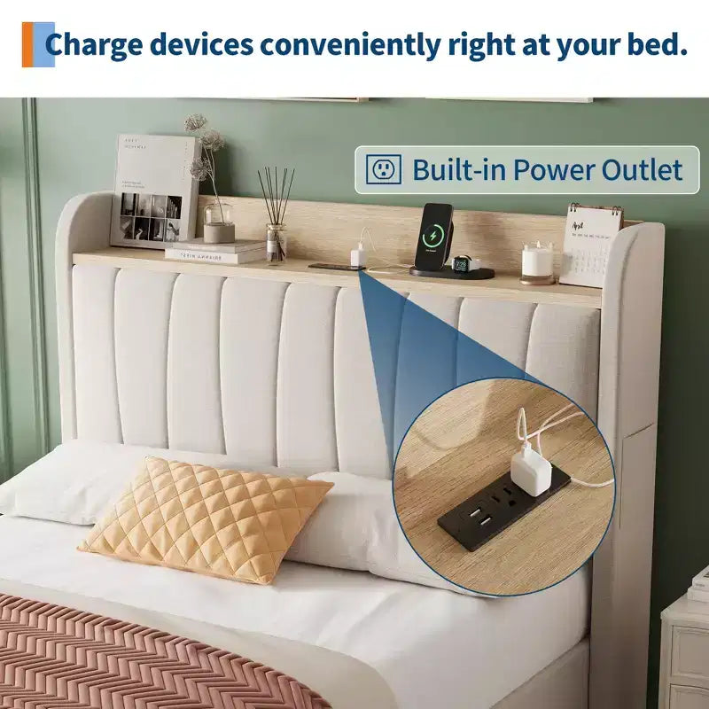 Bed Frame with Storage Headboard, Wooden Full Bed Frame with Charging Station, Metal Platform Bed Frame with Large Drawers, No Box Spring Needed