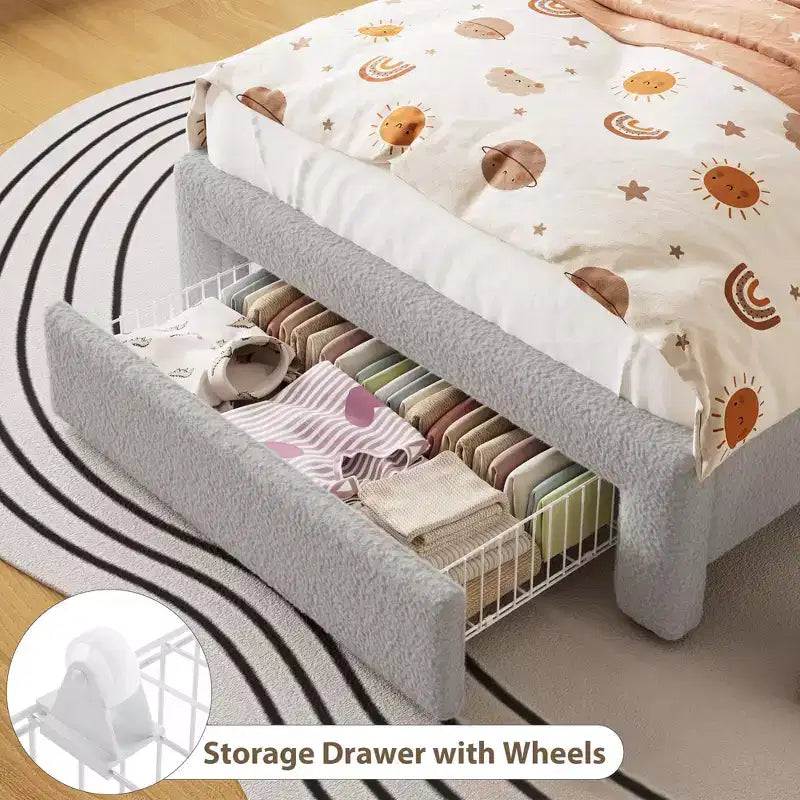 LED Full Bed Frame with 2-Tier Storage Headboard, Upholstered Platform Bed with Charging Station and Drawer, Metal Support, No Box Spring Needed