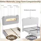 LED Full Bed Frame with 2-Tier Storage Headboard, Upholstered Platform Bed with Charging Station and Drawer, Metal Support, No Box Spring Needed