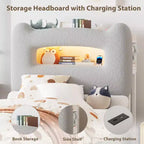 LED Full Bed Frame with 2-Tier Storage Headboard, Upholstered Platform Bed with Charging Station and Drawer, Metal Support, No Box Spring Needed