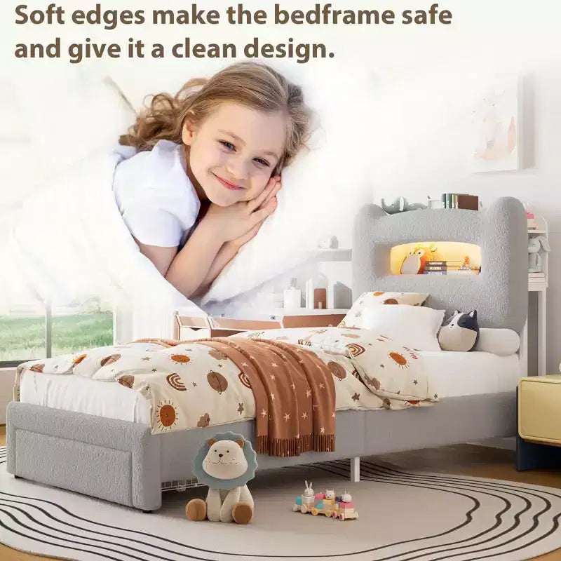 LED Full Bed Frame with 2-Tier Storage Headboard, Upholstered Platform Bed with Charging Station and Drawer, Metal Support, No Box Spring Needed