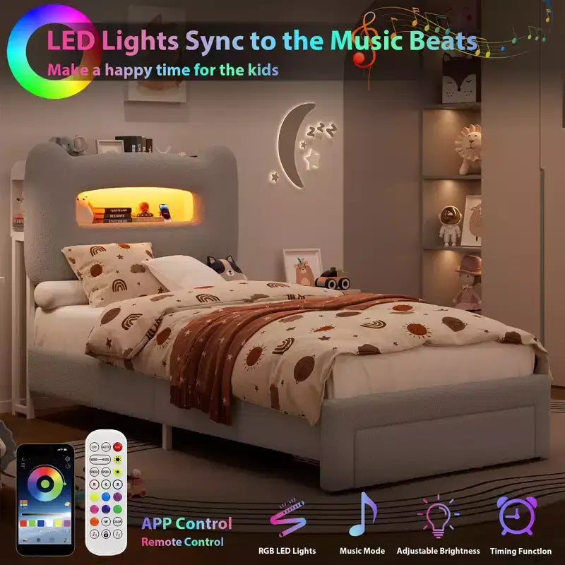 LED Full Bed Frame with 2-Tier Storage Headboard, Upholstered Platform Bed with Charging Station and Drawer, Metal Support, No Box Spring Needed