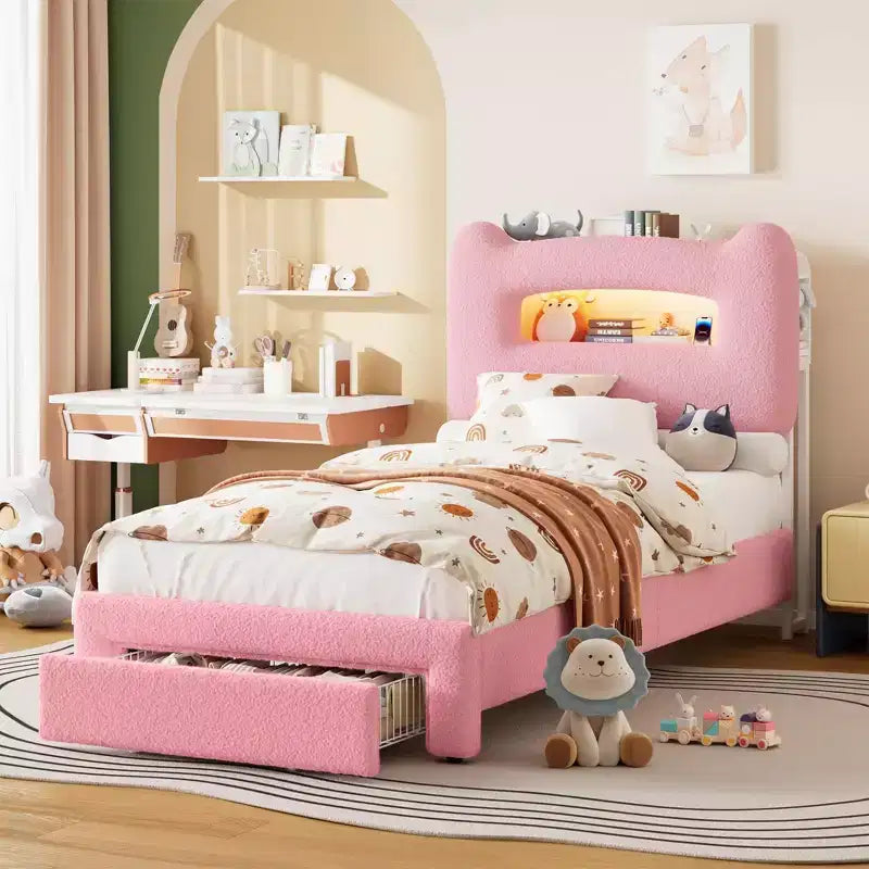 LED Full Bed Frame with 2-Tier Storage Headboard, Upholstered Platform Bed with Charging Station and Drawer, Metal Support, No Box Spring Needed