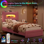 LED Full Bed Frame with 2-Tier Storage Headboard, Upholstered Platform Bed with Charging Station and Drawer, Metal Support, No Box Spring Needed