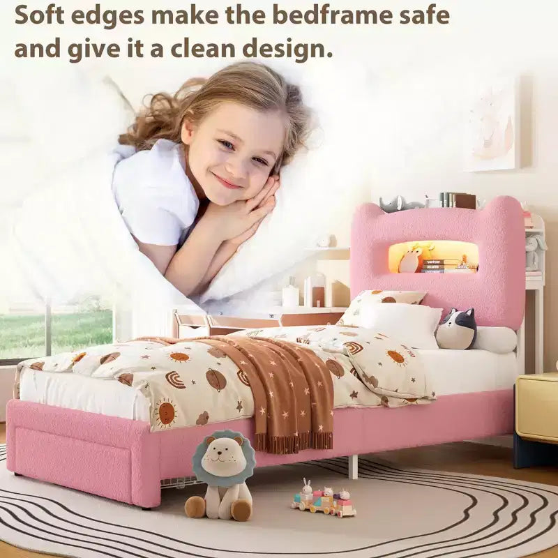 LED Full Bed Frame with 2-Tier Storage Headboard, Upholstered Platform Bed with Charging Station and Drawer, Metal Support, No Box Spring Needed