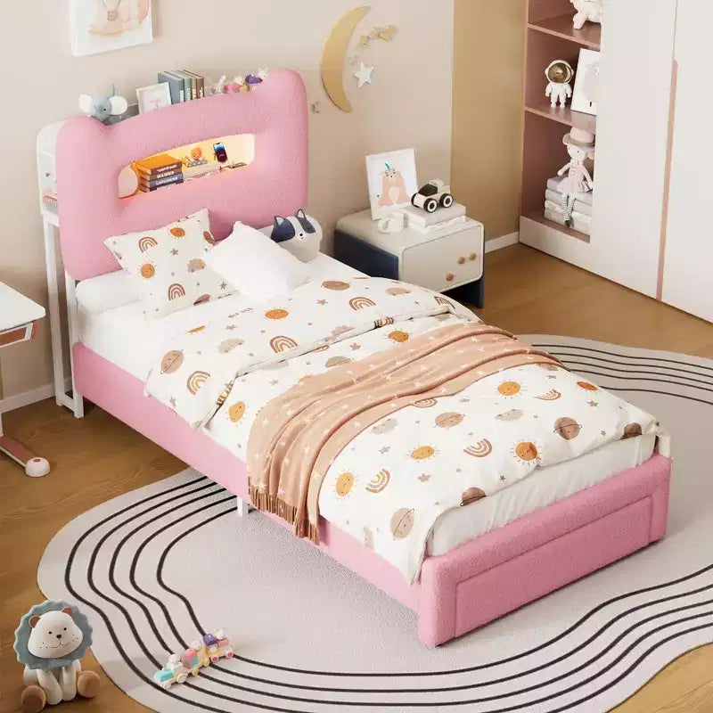 LED Full Bed Frame with 2-Tier Storage Headboard, Upholstered Platform Bed with Charging Station and Drawer, Metal Support, No Box Spring Needed