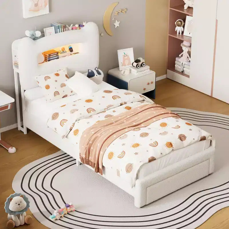 LED Full Bed Frame with 2-Tier Storage Headboard, Upholstered Platform Bed with Charging Station and Drawer, Metal Support, No Box Spring Needed