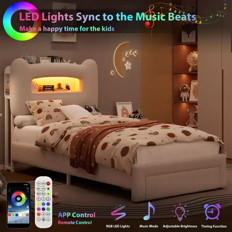 LED Full Bed Frame with 2-Tier Storage Headboard, Upholstered Platform Bed with Charging Station and Drawer, Metal Support, No Box Spring Needed
