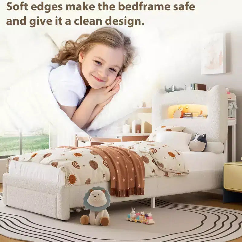 LED Full Bed Frame with 2-Tier Storage Headboard, Upholstered Platform Bed with Charging Station and Drawer, Metal Support, No Box Spring Needed