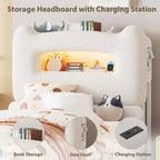 LED Full Bed Frame with 2-Tier Storage Headboard, Upholstered Platform Bed with Charging Station and Drawer, Metal Support, No Box Spring Needed