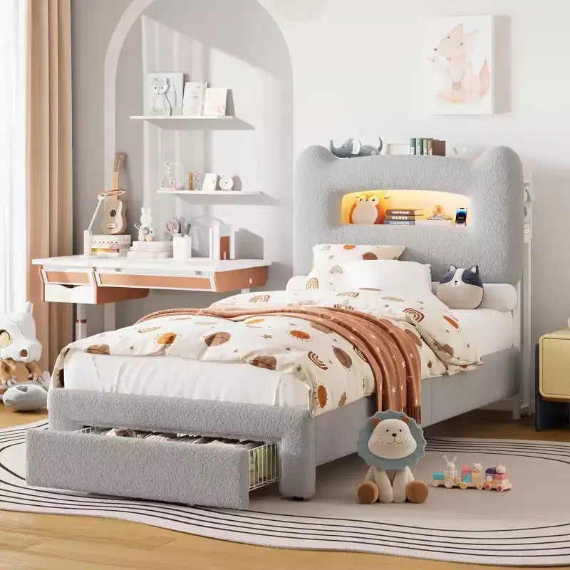 LED Full Bed Frame with 2-Tier Storage Headboard, Upholstered Platform Bed with Charging Station and Drawer, Metal Support, No Box Spring Needed