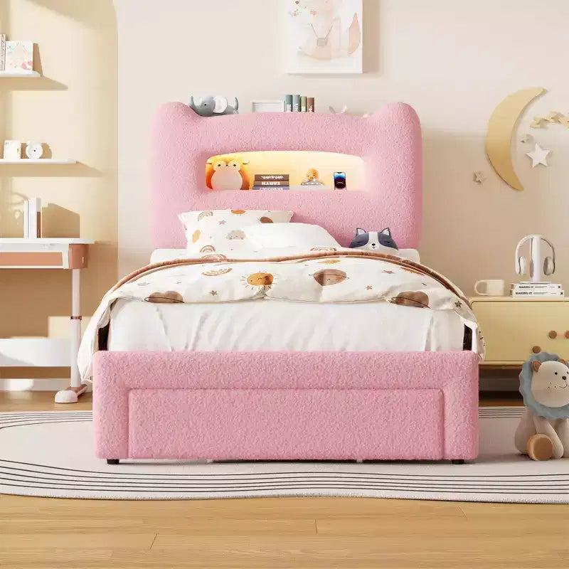 LED Full Bed Frame with 2-Tier Storage Headboard, Upholstered Platform Bed with Charging Station and Drawer, Metal Support, No Box Spring Needed