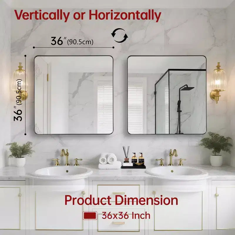 Square Bathroom Mirror with Tempered Glass, 36x36 Vanity Mirror, Anti-Rust Aluminum Framed