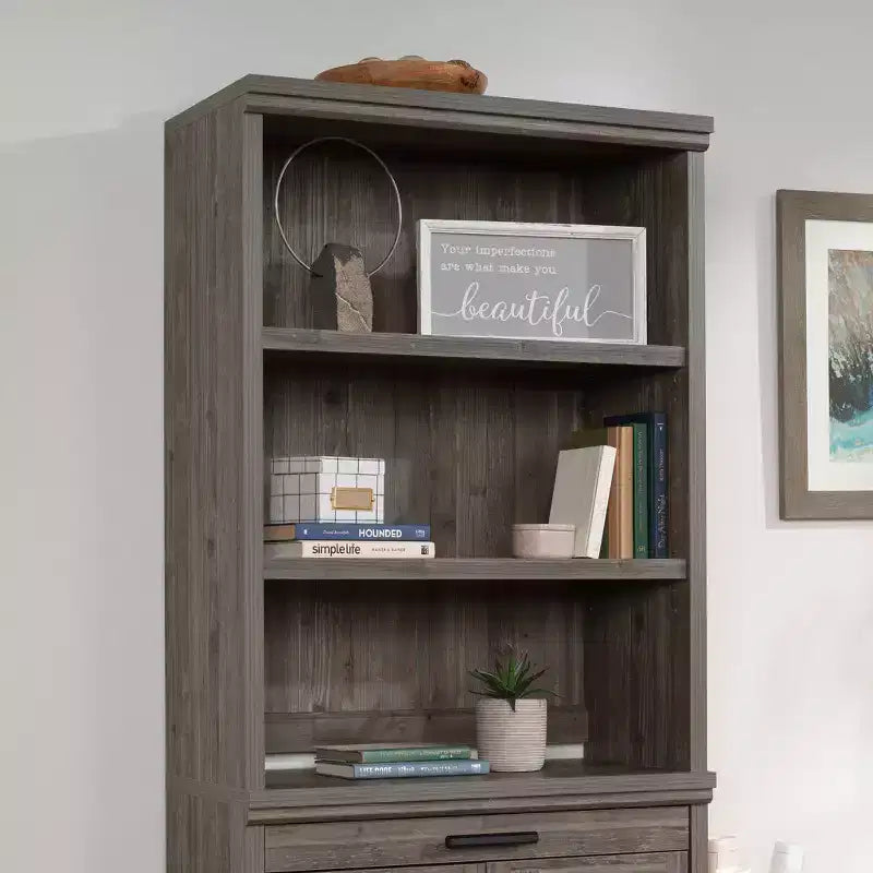 Aspen Post Hutch Top Pebble Pine: Modern Farmhouse Office Cabinet, MDF Frame, 2 Fixed Shelves, 25 lb Capacity