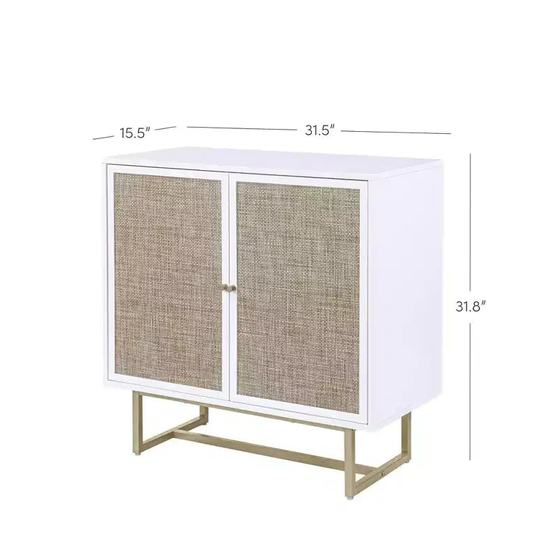 Storage Cabinet Textured Rattan White Wood: Oak Surface, Metal Frame, Fixed Shelf, 32" Height
