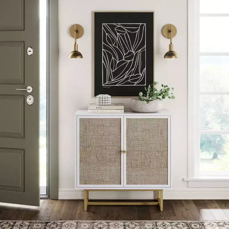 Storage Cabinet Textured Rattan White Wood: Oak Surface, Metal Frame, Fixed Shelf, 32" Height