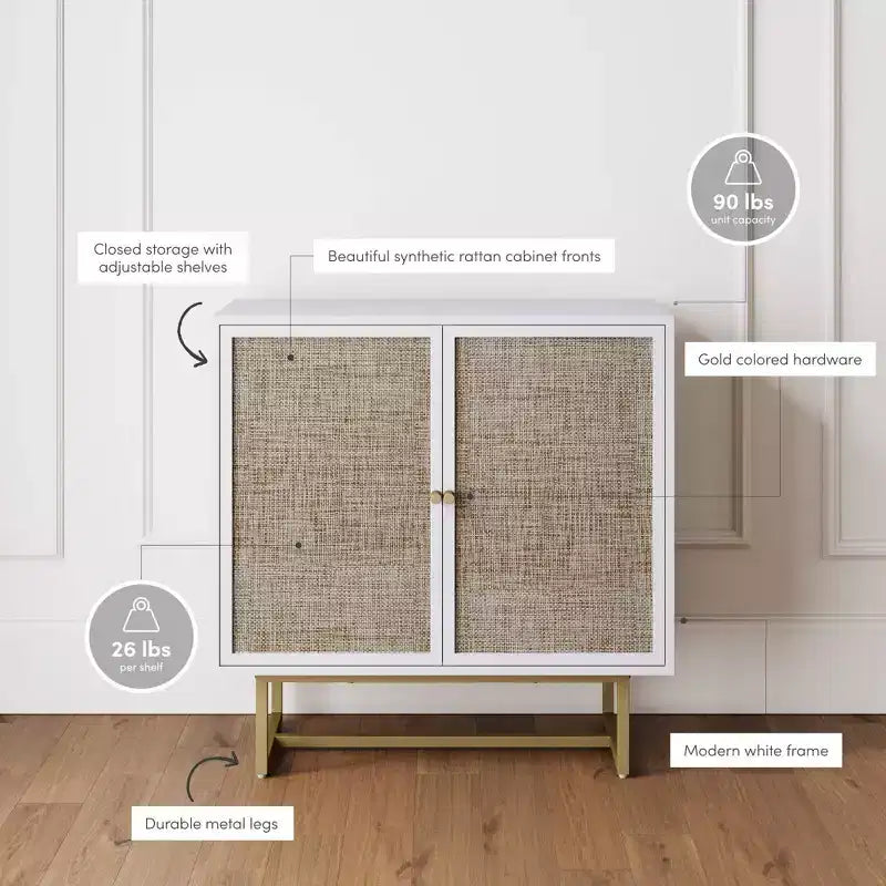 Storage Cabinet Textured Rattan White Wood: Oak Surface, Metal Frame, Fixed Shelf, 32" Height
