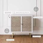 Storage Cabinet Textured Rattan White Wood: Oak Surface, Metal Frame, Fixed Shelf, 32" Height