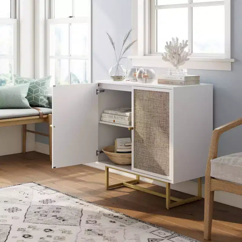 Storage Cabinet Textured Rattan White Wood: Oak Surface, Metal Frame, Fixed Shelf, 32" Height