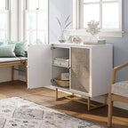 Storage Cabinet Textured Rattan White Wood: Oak Surface, Metal Frame, Fixed Shelf, 32" Height