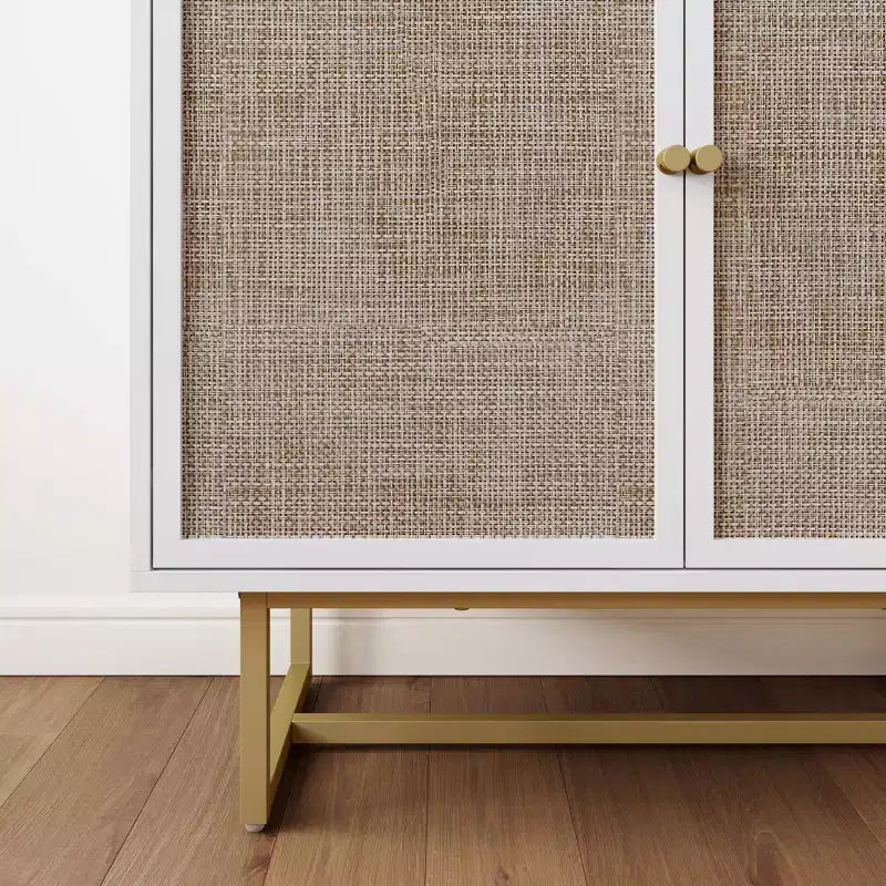 Storage Cabinet Textured Rattan White Wood: Oak Surface, Metal Frame, Fixed Shelf, 32" Height
