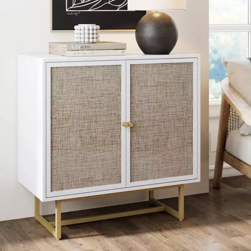Storage Cabinet Textured Rattan White Wood: Oak Surface, Metal Frame, Fixed Shelf, 32" Height