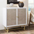 Storage Cabinet Textured Rattan White Wood: Oak Surface, Metal Frame, Fixed Shelf, 32" Height