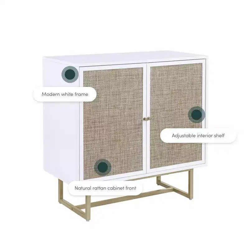 Storage Cabinet Textured Rattan White Wood: Oak Surface, Metal Frame, Fixed Shelf, 32" Height