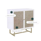 Storage Cabinet Textured Rattan White Wood: Oak Surface, Metal Frame, Fixed Shelf, 32" Height