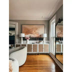 Storage Cabinet Textured Rattan White Wood: Oak Surface, Metal Frame, Fixed Shelf, 32" Height