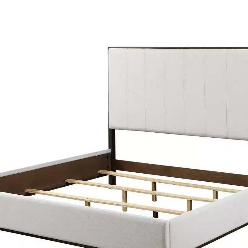 80.25" Eastern King Bed Bed Light Gray Fabric White Brown Finish - : Contemporary Upholstered Wood Frame