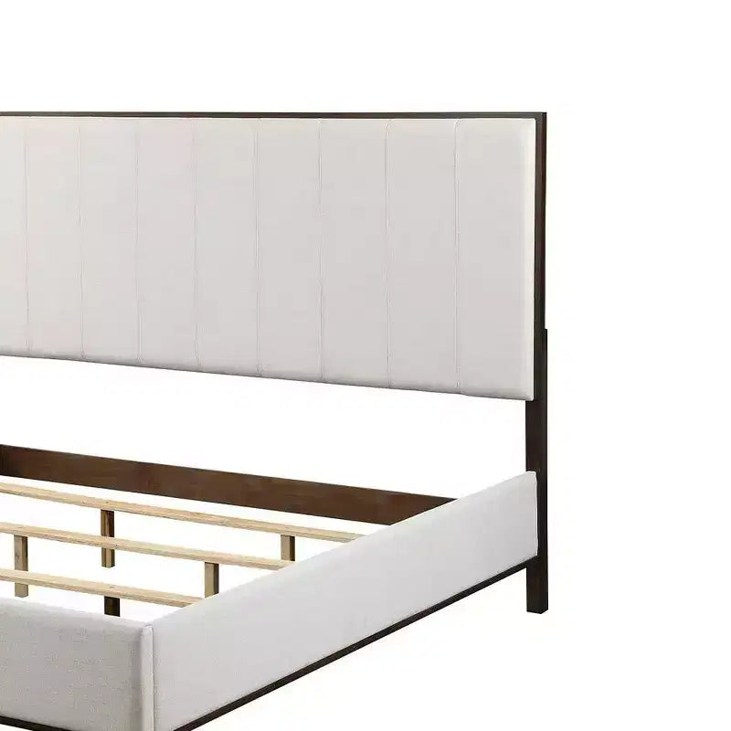 80.25" Eastern King Bed Bed Light Gray Fabric White Brown Finish - : Contemporary Upholstered Wood Frame