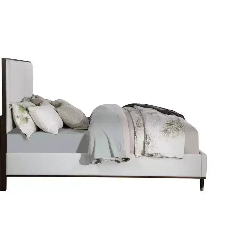 80.25" Eastern King Bed Bed Light Gray Fabric White Brown Finish - : Contemporary Upholstered Wood Frame