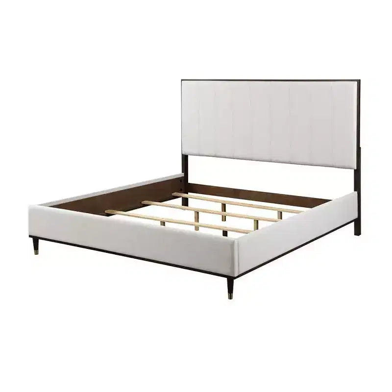 80.25" Eastern King Bed Bed Light Gray Fabric White Brown Finish - : Contemporary Upholstered Wood Frame