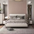 80.25" Eastern King Bed Bed Light Gray Fabric White Brown Finish - : Contemporary Upholstered Wood Frame