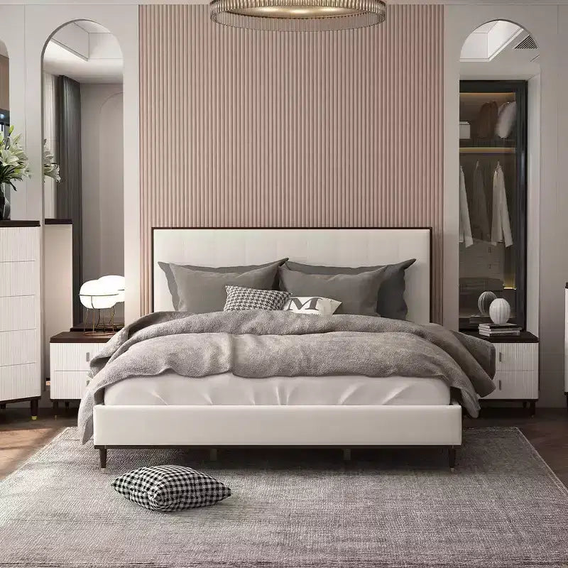 80.25" Eastern King Bed Bed Light Gray Fabric White Brown Finish - : Contemporary Upholstered Wood Frame