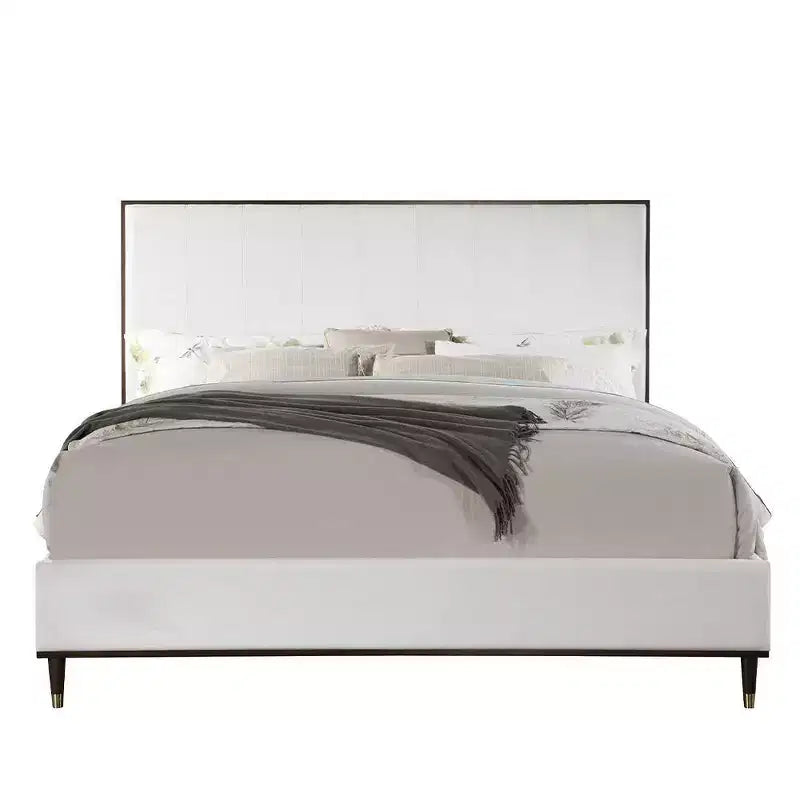 80.25" Eastern King Bed Bed Light Gray Fabric White Brown Finish - : Contemporary Upholstered Wood Frame